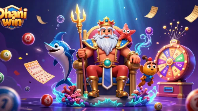 Dhani win brings exciting lottery vibes with a vibrant underwater scene featuring Neptune, games elements, and dynamic lottery balls