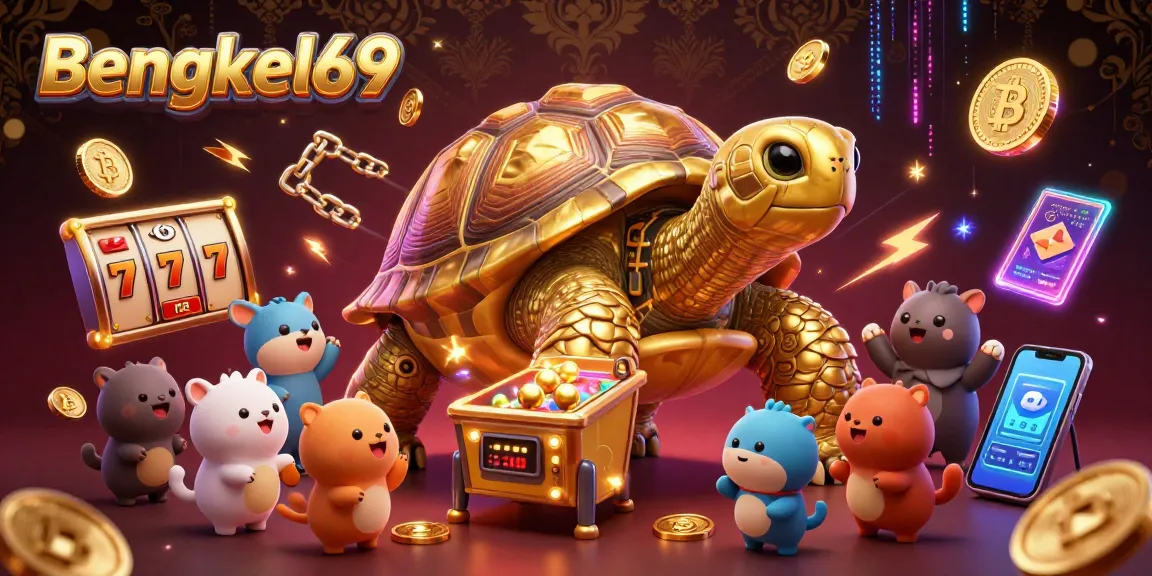Engage with the thrilling world of Bengkel69's slot games, featuring immersive 3D illustrations of a vibrant casino scene.