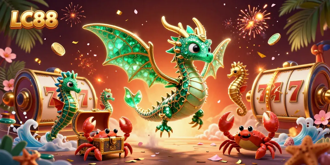 Experience excitement with LC88's vibrant sea dragon and treasure-filled slot world in a dynamic illustration.