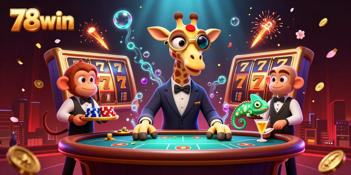 Play thrilling 78win slots with high-roller giraffe at a vibrant casino scene.