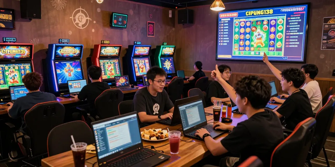 Keseruan event cipung138 dengan pemain bermain dan merayakan kemenangan di lounge permainan online.