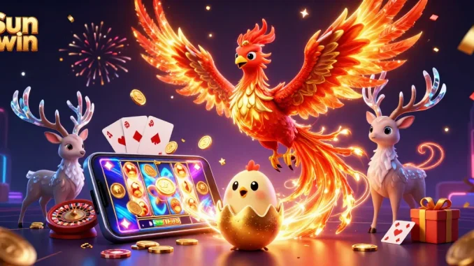 Sun win players enjoy lively slot games surrounded by magnificent phoenix characters and festive casino elements.