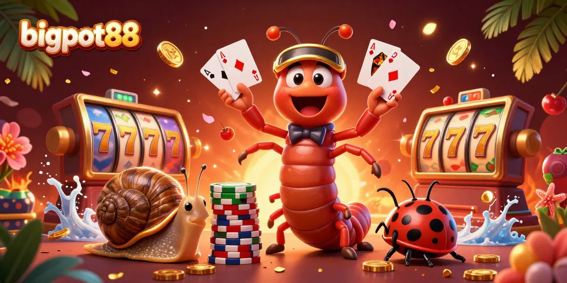 Spin to win with bigpot88, showcasing a millipede dealer and high-roller snail amid vibrant casino elements.