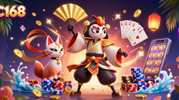 C168 entertains with vibrant 3D casino warriors amidst golden coins and chips, showcasing thrilling gaming action.