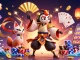 C168 entertains with vibrant 3D casino warriors amidst golden coins and chips, showcasing thrilling gaming action.