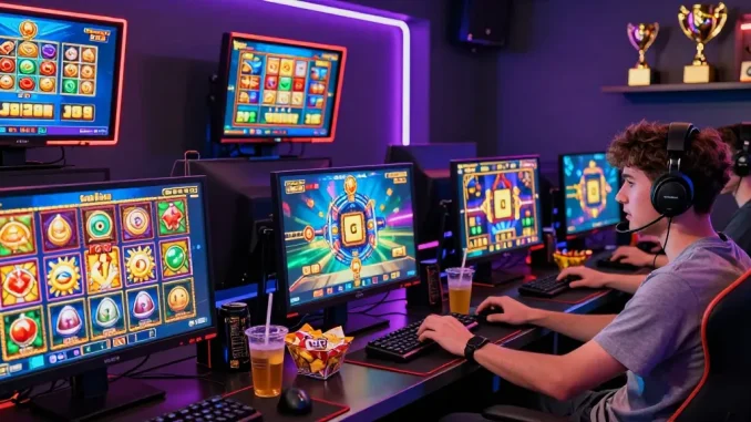 Pengalaman permainan slot jackpot yang intens dengan pemain terlibat di ruang permainan modern.