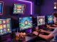 Pengalaman permainan slot jackpot yang intens dengan pemain terlibat di ruang permainan modern.