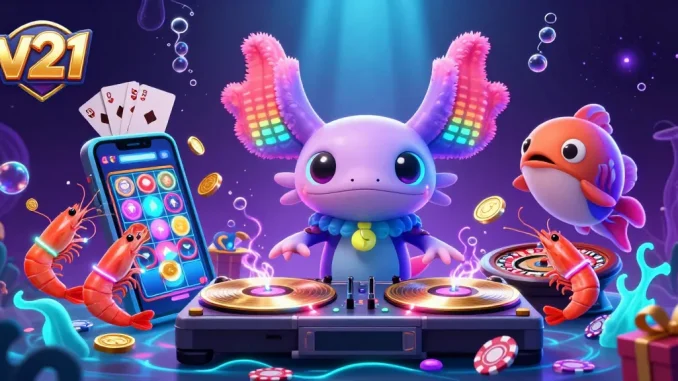 Mengakses permainan slot v21 yang menarik dengan DJ axolotl neon dan karakter laut penuh warna di dunia kasino.