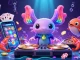 Mengakses permainan slot v21 yang menarik dengan DJ axolotl neon dan karakter laut penuh warna di dunia kasino.