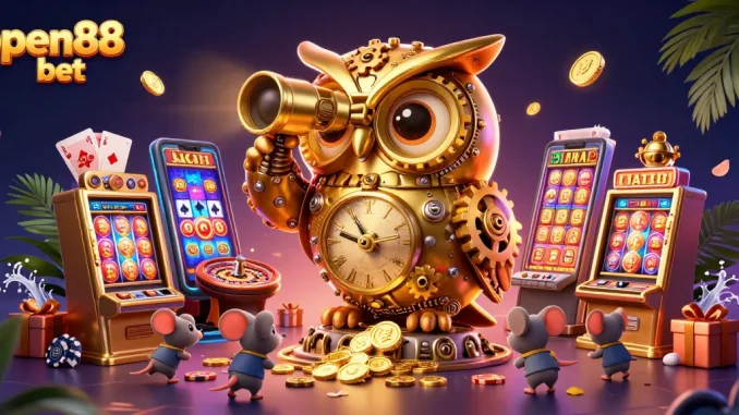 Experience open88 bet with vibrant casino action featuring a clockwork owl and charming patrons.