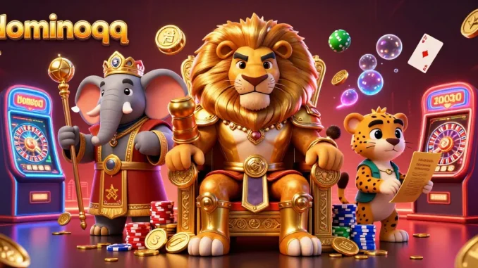Engage with dominoqq's vibrant gaming atmosphere featuring lively poker tables and casino chips.