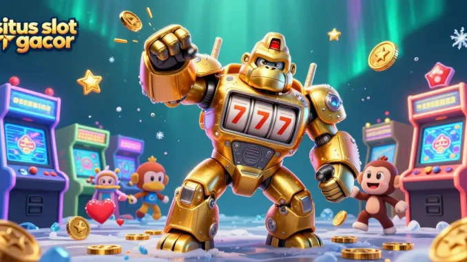 Experience the action with situs slot gacor featuring a dynamic golden gorilla mech in a colorful casino scene.