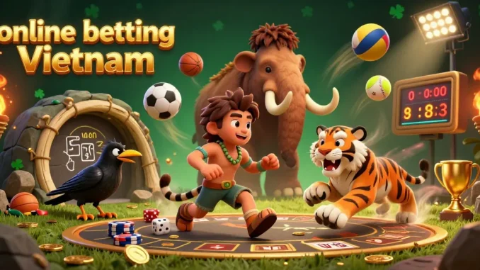 Enjoy online betting Vietnam through this vibrant 3D illustration featuring an exciting prehistoric casino scene.