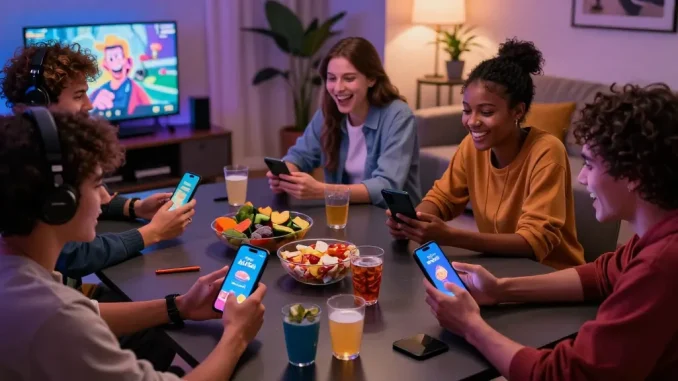 Engaging moment at https://3patiblueapp.com.pk/ where friends enjoy playing colorful card games together on smartphones in a cozy living room.