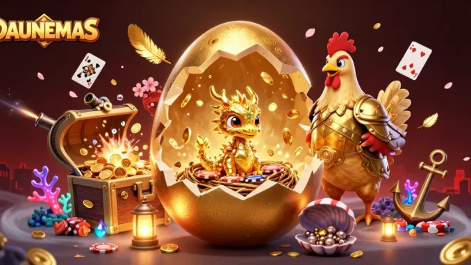 Engage with DAUNEMAS while winning big with a golden dragon on poker chips.