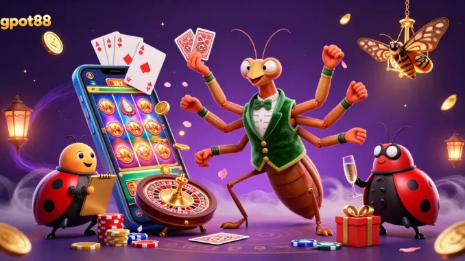 Experience bigpot88's colorful slot action with a lively mantis dealing cards in an engaging casino scene.