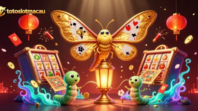 Experience jackpot thrills with totoslotmacau's vibrant casino scene featuring colorful slot reels and golden moths.