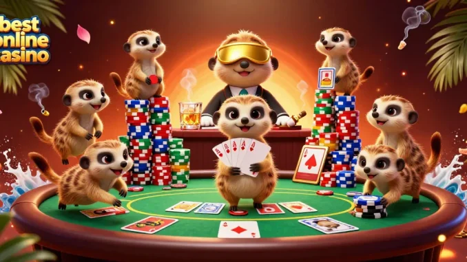 Experience the excitement at the best online casino with meerkats managing a vibrant poker scene.