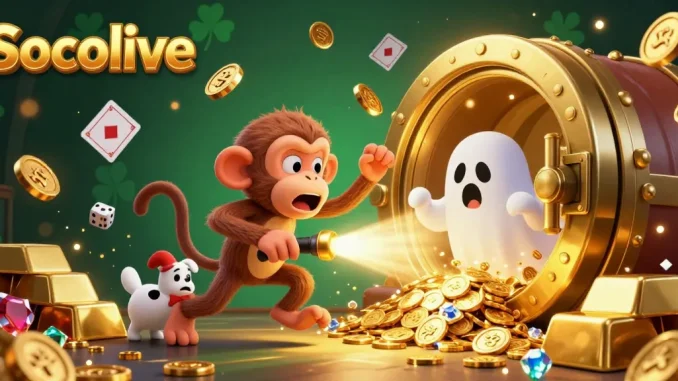 Socolive brings excitement to the casino with a playful poltergeist monkey and a curious puppy in a lively scene.