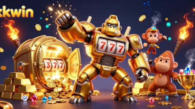 Engage with the amazing kkwin world, featuring a golden gorilla mech bursting with coins in a vibrant casino.