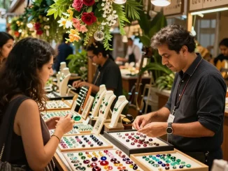 Explore high-quality gemstones at https://www.mygemspot.com in a vibrant marketplace atmosphere.