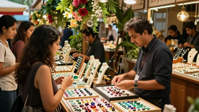 Explore high-quality gemstones at https://www.mygemspot.com in a vibrant marketplace atmosphere.