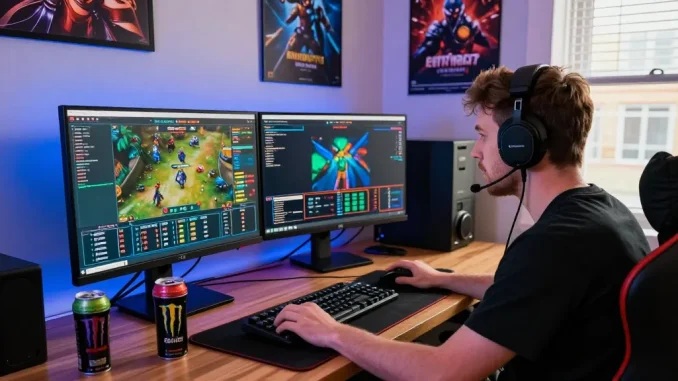 Gamer engaging with Grandbetting online platform in a stylish home office.