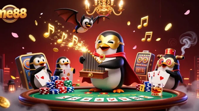 me88 gambling scene with a penguin organist and vibrant poker elements filling the game