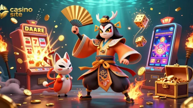 Engage with the vibrant casino site where the kabuki warrior and kitsune celebrate a jackpot explosion.