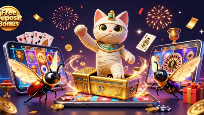 Experience the excitement of the Free No Deposit Bonus as the Egyptian mummy cat bursts forth in a vibrant casino!