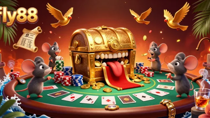 Engage with fly88's vibrant poker scene featuring a treasure chest luring adventurer mice with riches.