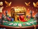 Engage with fly88's vibrant poker scene featuring a treasure chest luring adventurer mice with riches.