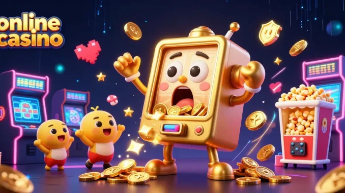 Cheering slot machines celebrate a jackpot win in this vibrant online casino scene.
