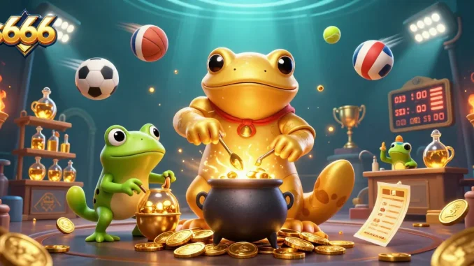 s666 brings excitement with a magical alchemist scene featuring sports elements and golden coins colliding in a vibrant casino.