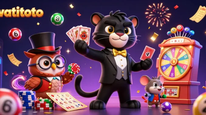 Join the thrilling action with watitoto, as a panther deals cards and an owl holds poker chips amidst colorful lottery excitement.
