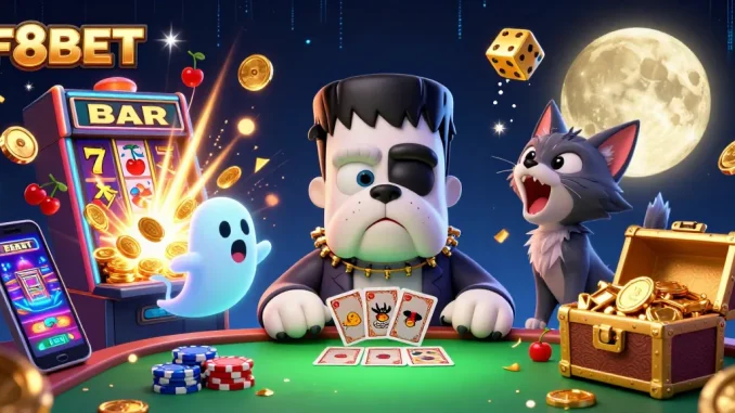 Experience F8BET with a lively scene featuring characters and dynamic gaming elements in a vibrant casino setting.