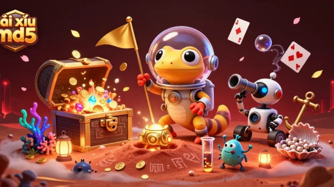 Win big with tài xỉu md5 in this vibrant 3D illustration of a Martian gecko exploring a golden casino.
