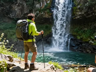Pemandangan terjun4d yang menakjubkan dengan penggiat petualangan di tepi tebing.