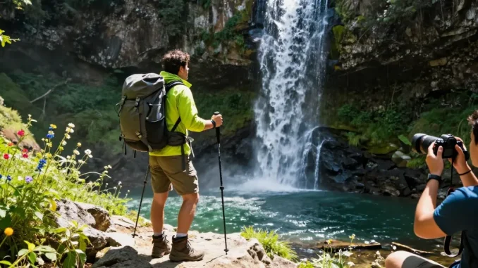 Pemandangan terjun4d yang menakjubkan dengan penggiat petualangan di tepi tebing.
