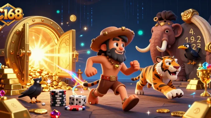 Experience C168 at a prehistoric casino with caveman and sabertooth tiger in a dazzling scene.