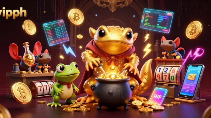 Experience exhilarating gameplay at vipph with a vibrant 3D illustration showcasing magical gold transmutation and crypto coins.