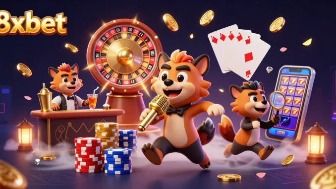 Experience the thrill of gaming at 8xbet with hyena characters creating a lively casino atmosphere.