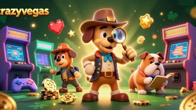 Uncover hidden treasures at crazyvegas with a detective bloodhound and notes-taking bulldog in a vibrant casino scene.