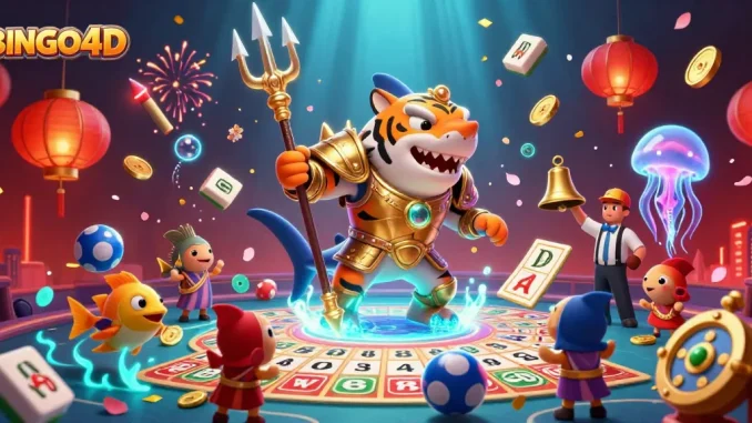 BINGO4D menghidupkan permainan bingo dengan karakter ikan hiu dan suasana meriah di arena bawah laut.