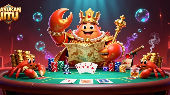 Play engaging games at PASUKAN JITU with the vibrant scene of a golden crab and poker elements.