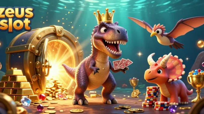 Experience the thrill of zeus slot with a colorful, engaging 3D scene showcasing dynamic characters and vibrant casino elements.