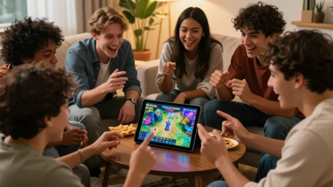 Friends enjoying Tiranga Games on a tablet in a cozy living room, showcasing excitement and camaraderie.