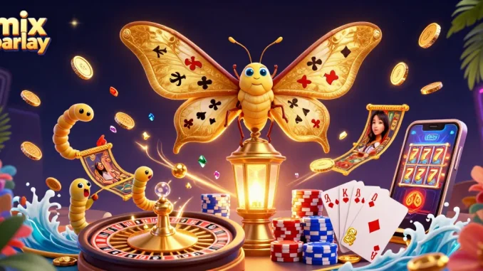 Mengoptimalkan mix parlay dengan ilustrasi kasino 3D menakjubkan yang menunjukkan kupu-kupu atlas dan elemen permainan.