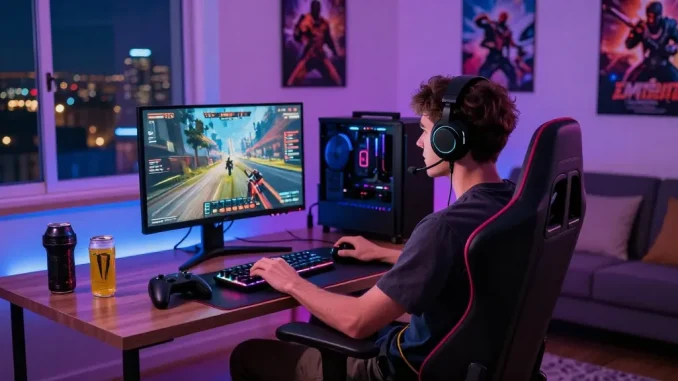Person im gemütlichen Wohnzimmer mit Gaming-Ausrüstung und Nongamstop-Spielen.