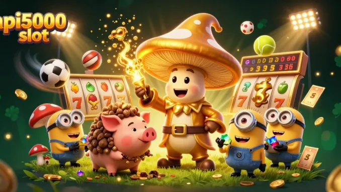 Permainan slot api5000 slot dengan wizard emas dan simbol keberuntungan yang memikat.